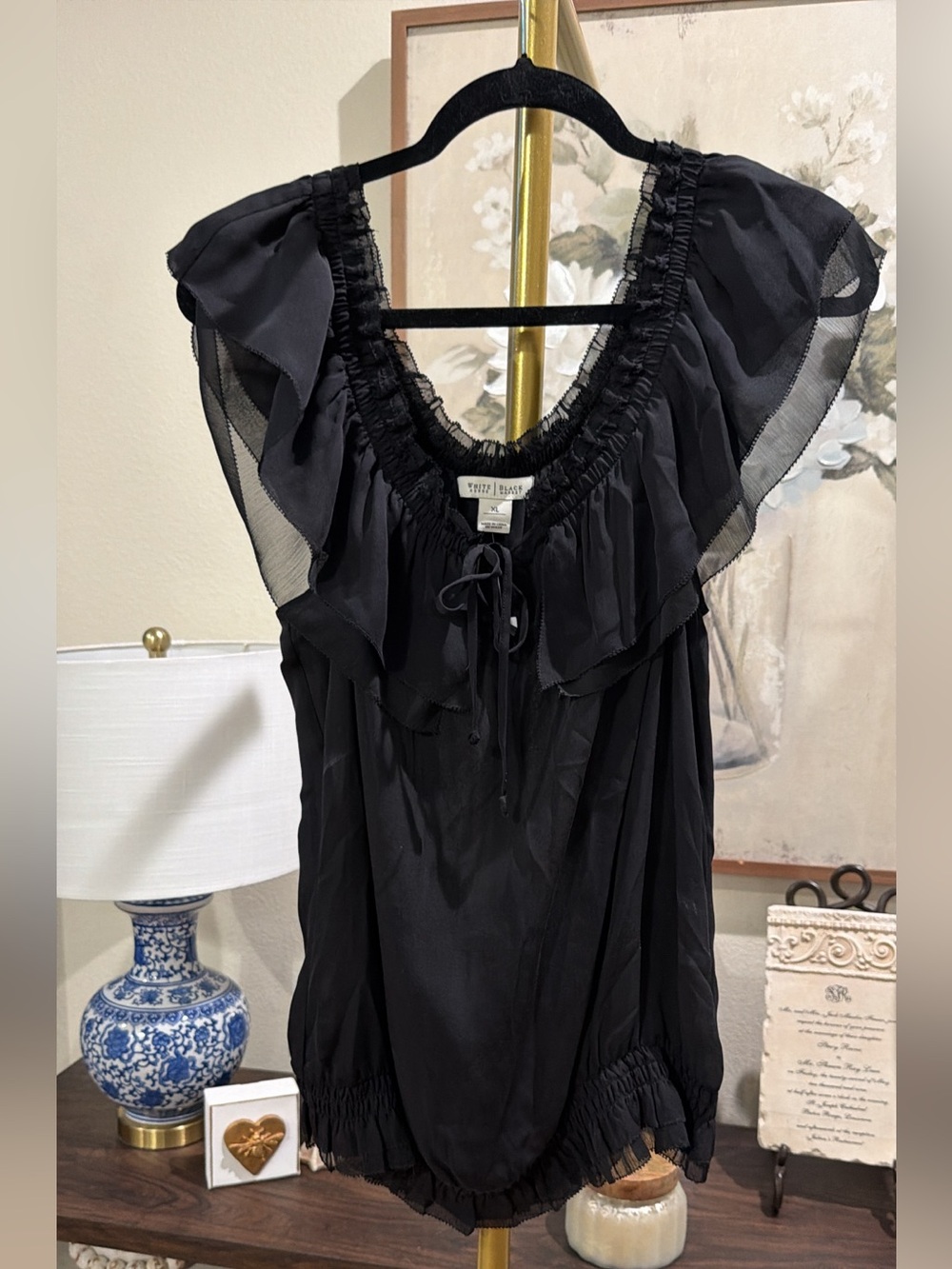 White House Black Market Black Sheer Ruffle Top